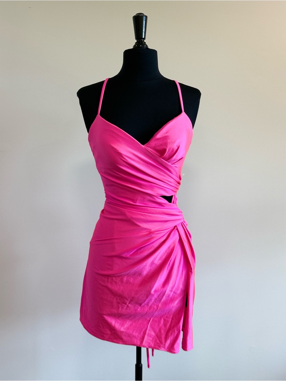 La Femme Hot Pink Wrap-Style Spaghetti Strap Mini Dress